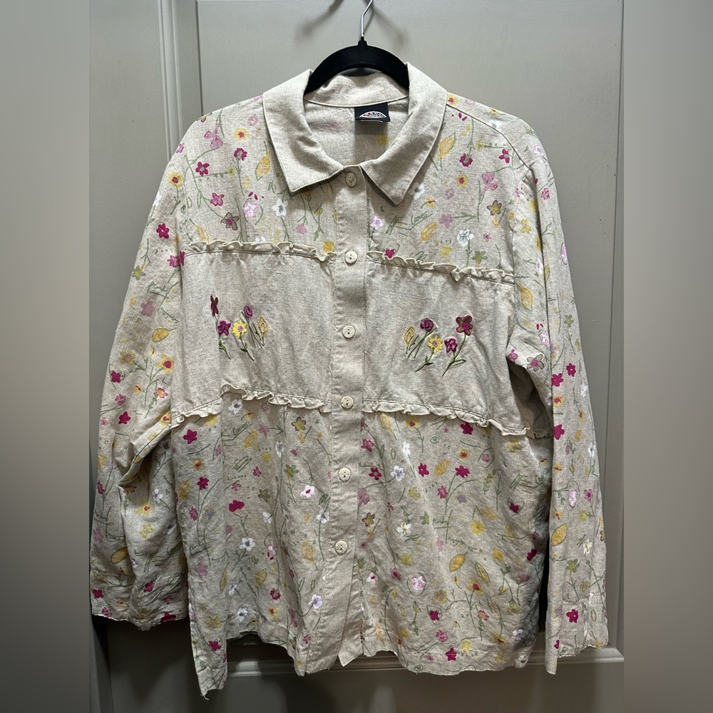 Produce Company Size XL Long Sleeve Floral Linen Button Down Shirt EUC